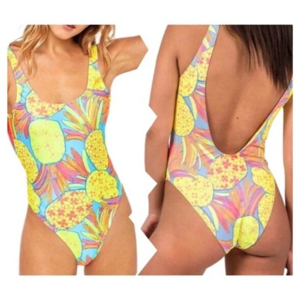 Chubbies Pinas Bathing Suit Neon Yellow Pineapple Print XLarge One Piece - Picture 3 of 8